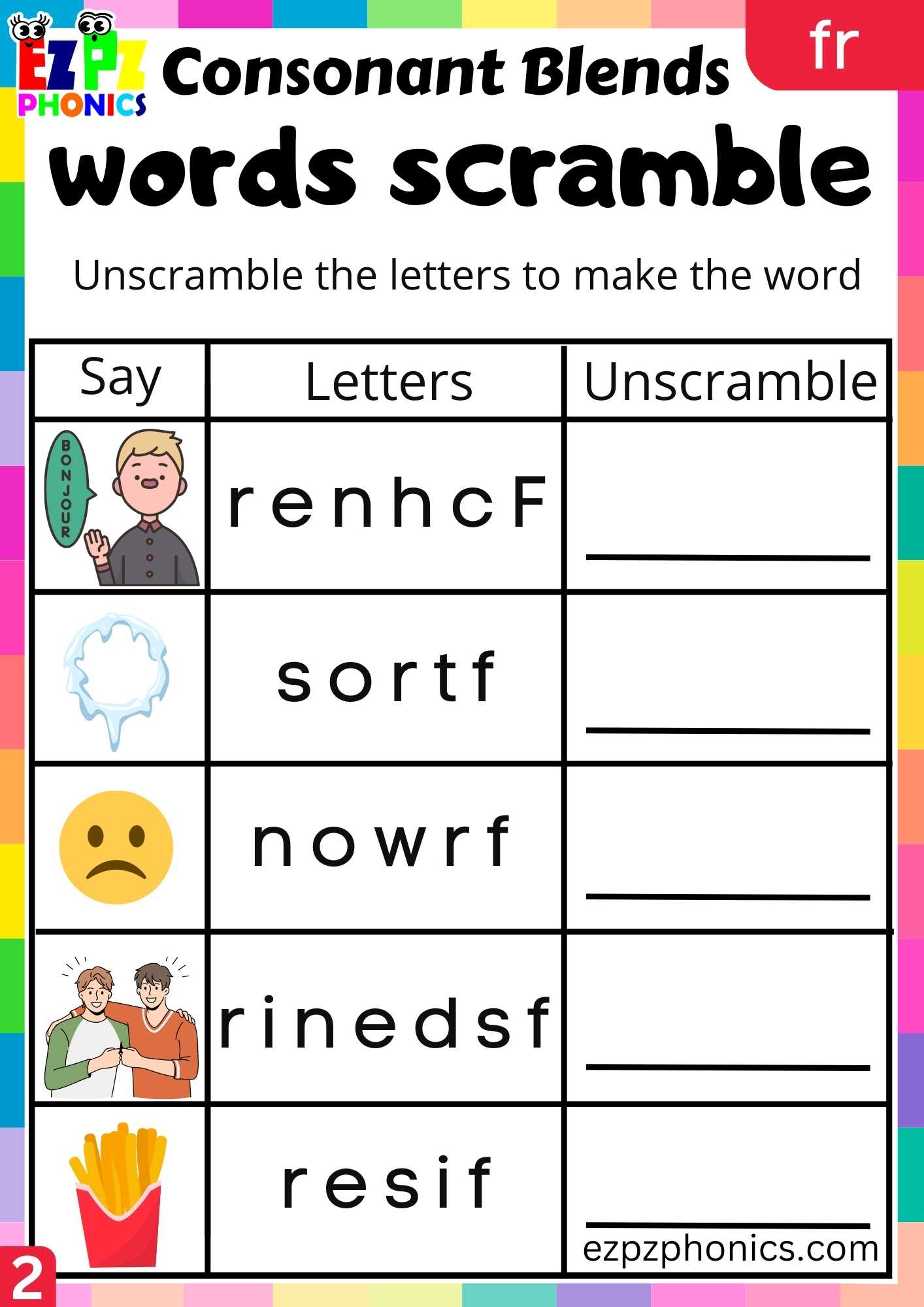 Group2 FR Words Words Scramble Phonics Consonant Blends Worksheet